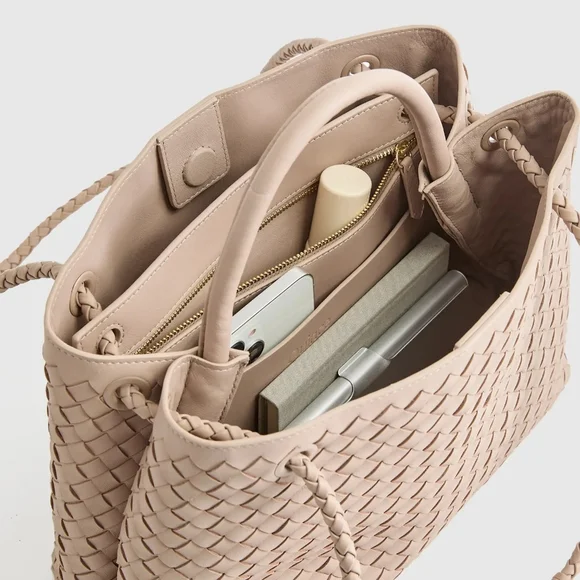 NWT QUINCE LARGE ITALIAN LEATHER HANDWOVEN SATCHEL TOTE BAG IN TAUPE - Picture 7 of 15